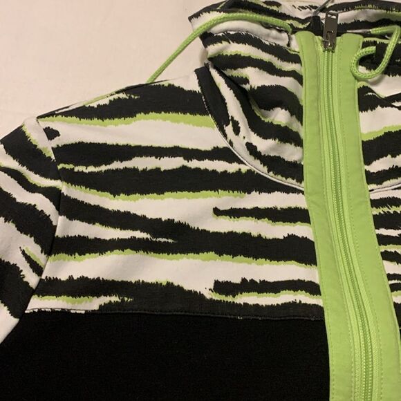 Ruby Rd. zip-up jacket w/drawstring neck .  Black/white w/lime green trim.  EUC - Picture 7 of 10